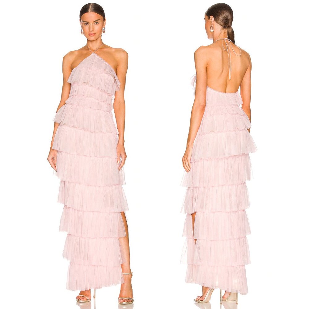 NEW The Bar Henri Gown in Rose Light Pink Tulle 0 XS Maxi Dress Halter Barbie